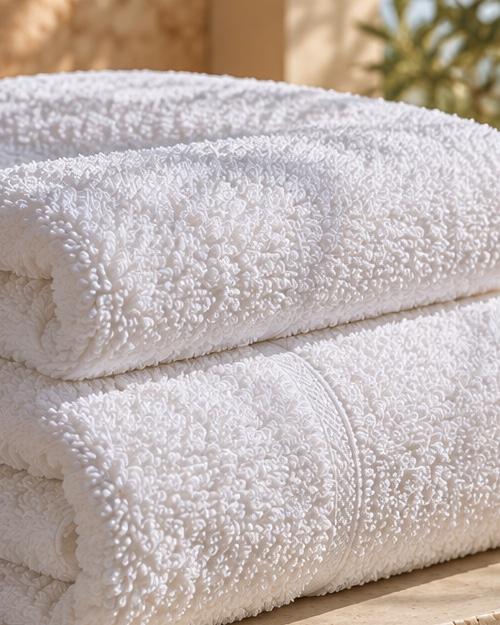White 500 GSM towels folded in a stack, showing loop depth.