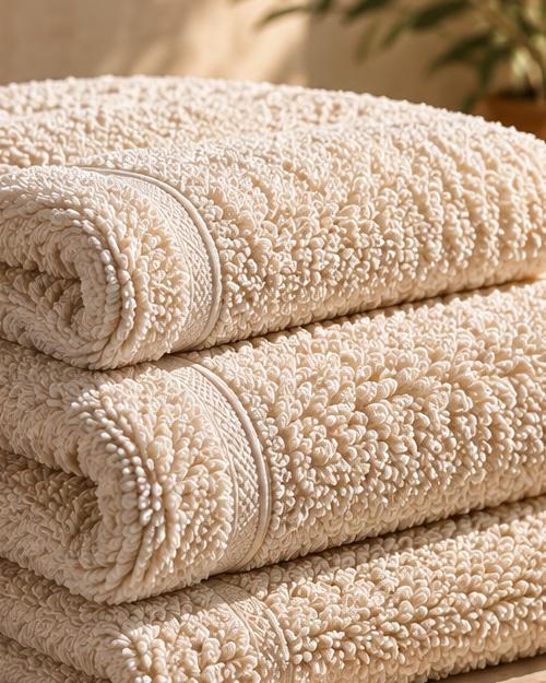 Cream 550 GSM towels folded in a stack, with deeper loops than 500 GSM.