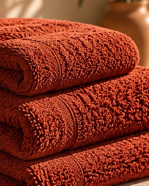 Terracotta 600 GSM towels folded in a stack, the densest of the three weights.