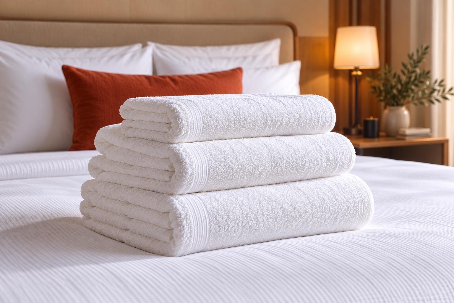 Folded white hospitality towels stacked on a made hotel bed.