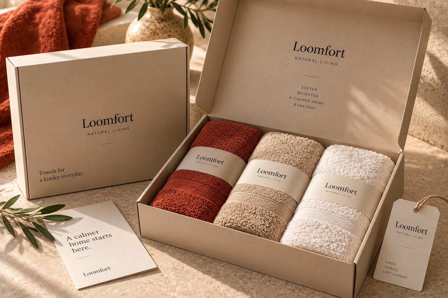A branded presentation box of folded towels with a printed card and hang tag.