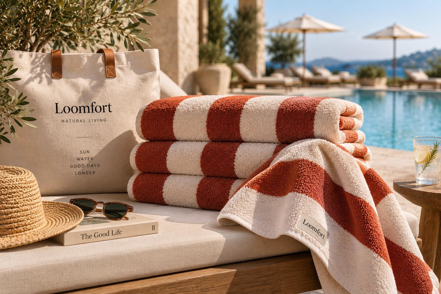 Folded terracotta-striped towels and a canvas tote on a bench beside a pool.
