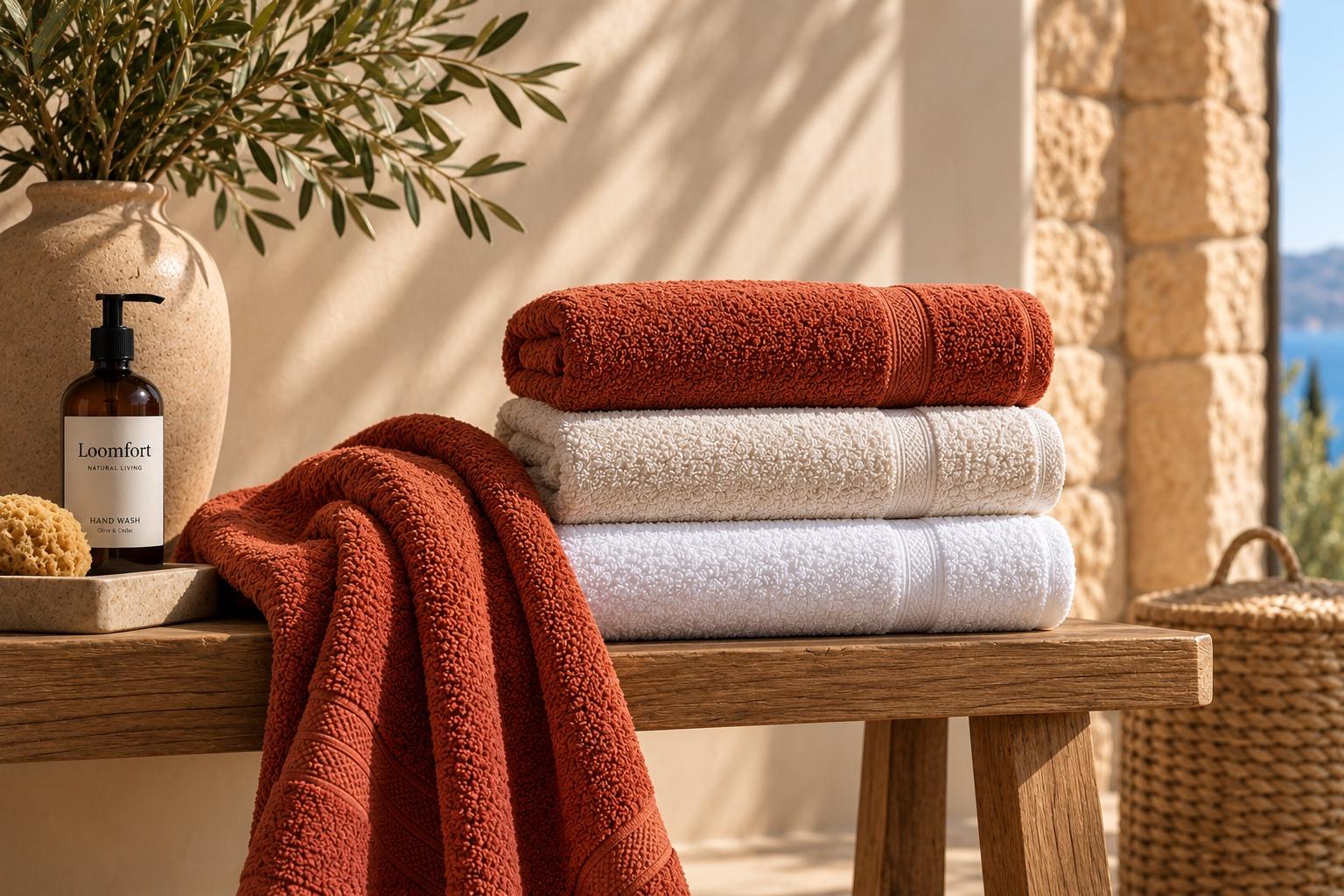 Terracotta, cream and white towels folded on a wooden bench in sunlight.