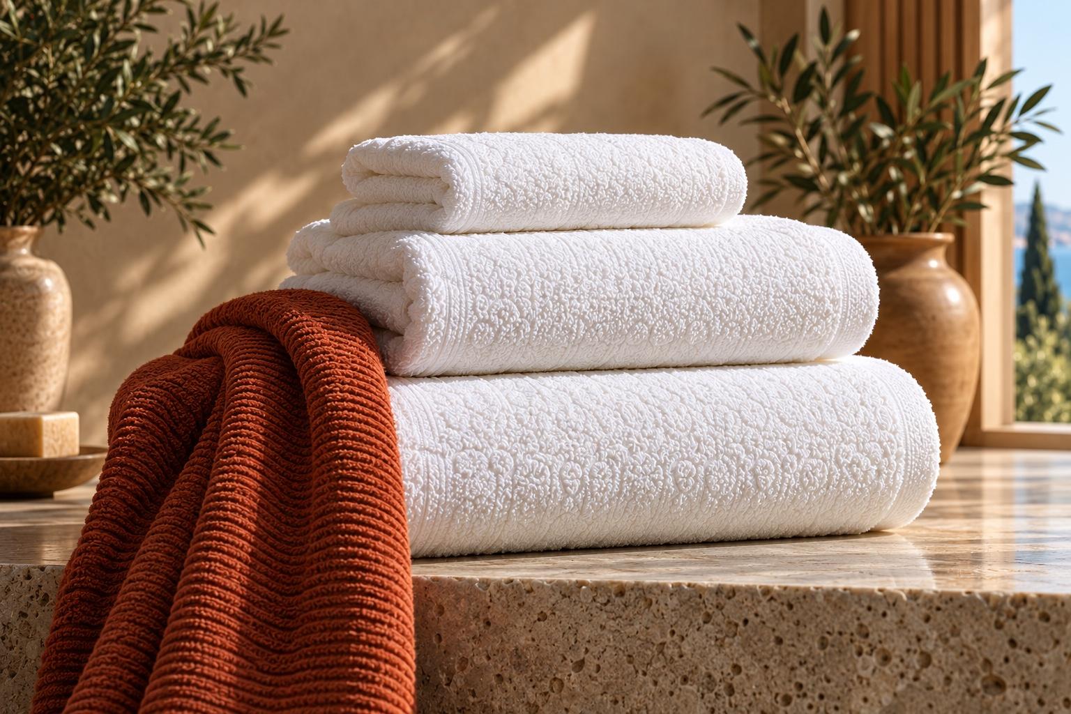 Three white towels folded on a stone ledge, a terracotta towel draped beside them.