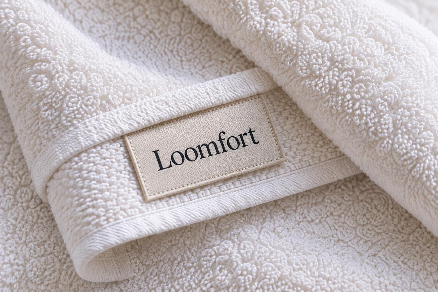 Macro of a rolled white towel with a warm sand woven label stitched at the hem.