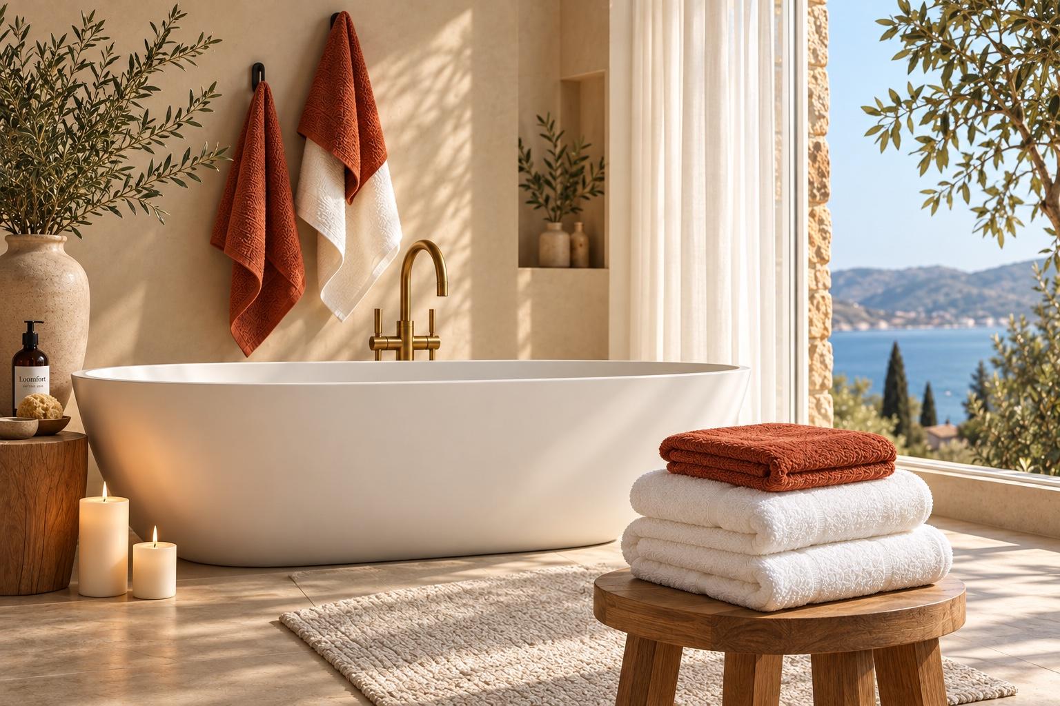A warm cream bathroom: terracotta and ivory towels hanging beside a freestanding tub, with a folded towel stack in the window light.